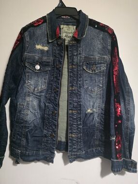 Embellished Denim Jacket with Red Sequin Trim